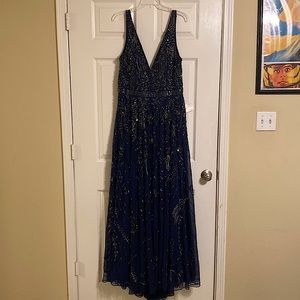 Mac Duggal Embellished V-neck Long Gown, Midnight Blue, Size 12